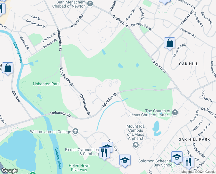 map of restaurants, bars, coffee shops, grocery stores, and more near 249 Nahanton Street in Newton