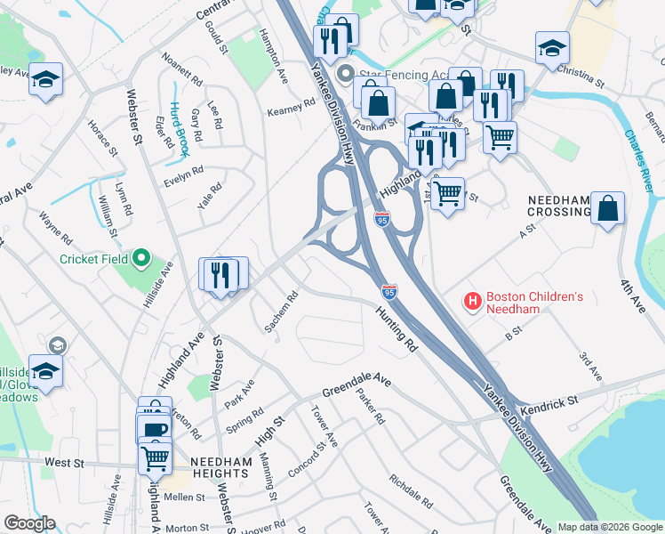 map of restaurants, bars, coffee shops, grocery stores, and more near 40 David Road in Needham