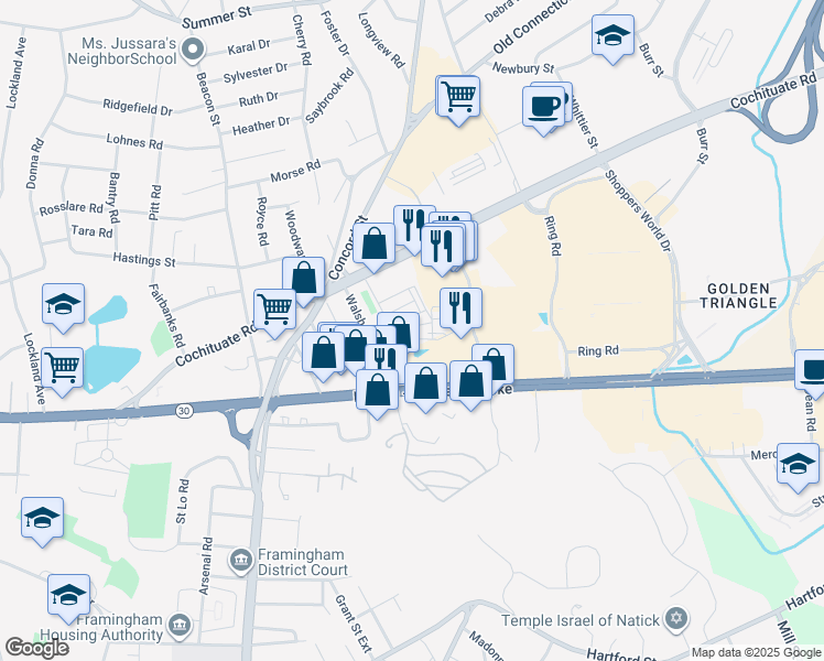 map of restaurants, bars, coffee shops, grocery stores, and more near 10 Greenview Street in Framingham