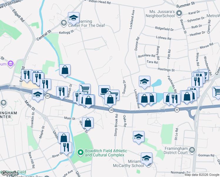 map of restaurants, bars, coffee shops, grocery stores, and more near 3 Holly Way in Framingham
