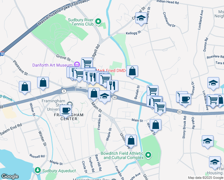 map of restaurants, bars, coffee shops, grocery stores, and more near 10 Auburn Street in Framingham