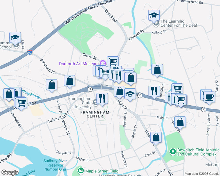 map of restaurants, bars, coffee shops, grocery stores, and more near 5 Main Street in Framingham