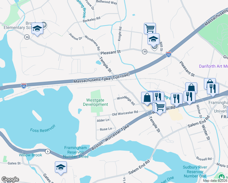 map of restaurants, bars, coffee shops, grocery stores, and more near 17 Old Wood Road in Framingham