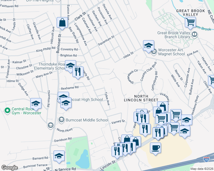 map of restaurants, bars, coffee shops, grocery stores, and more near 36 Tylee Avenue in Worcester