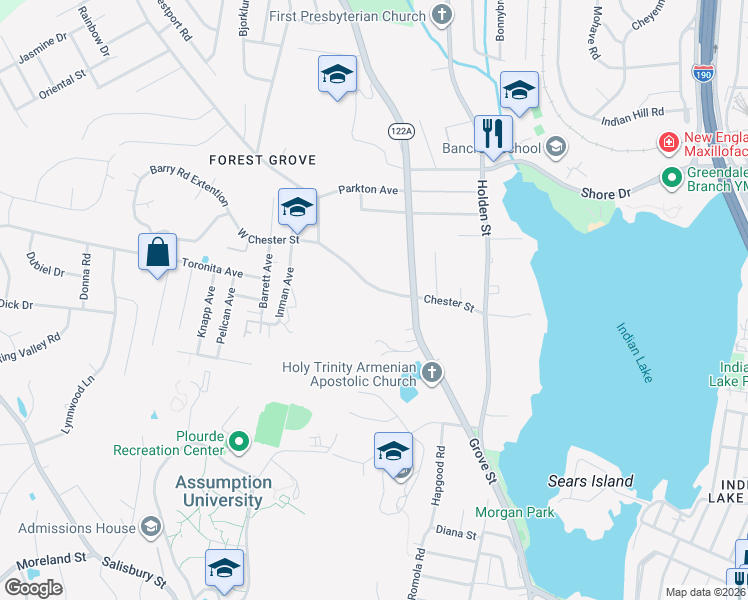 map of restaurants, bars, coffee shops, grocery stores, and more near 31 Chester Street in Worcester