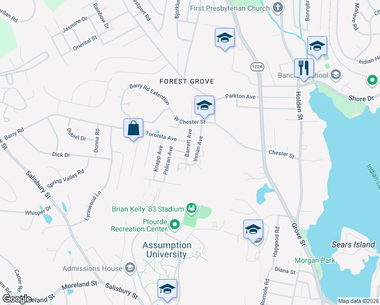 map of restaurants, bars, coffee shops, grocery stores, and more near 25 Barrett Avenue in Worcester