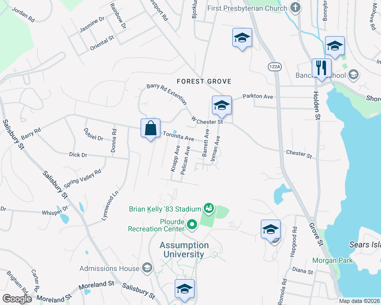 map of restaurants, bars, coffee shops, grocery stores, and more near 22 Pelican Avenue in Worcester