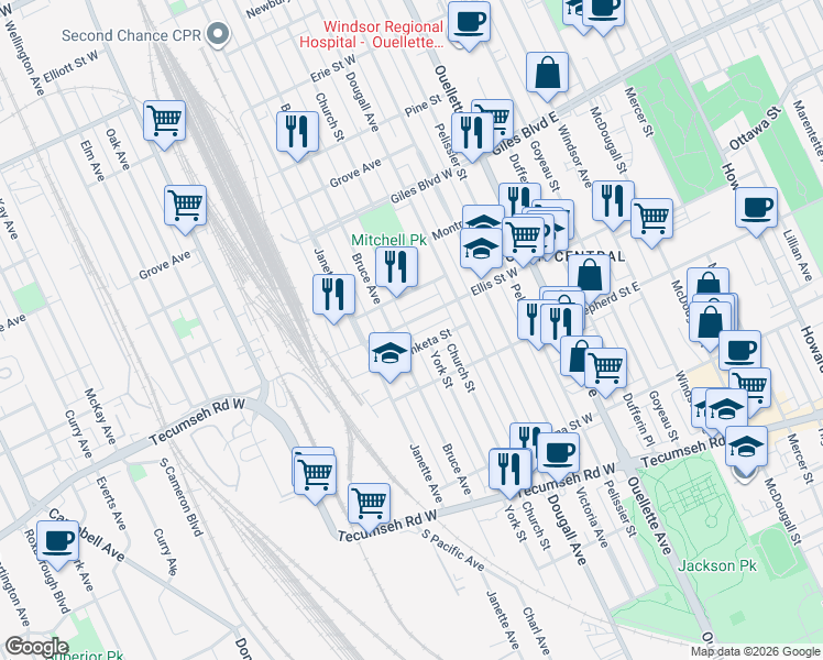 map of restaurants, bars, coffee shops, grocery stores, and more near in Windsor
