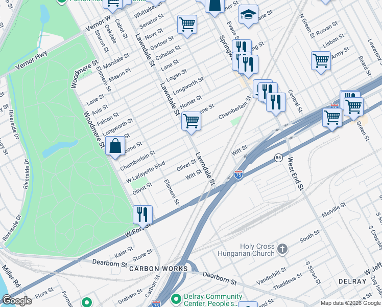 map of restaurants, bars, coffee shops, grocery stores, and more near 8740 Olivet Street in Detroit