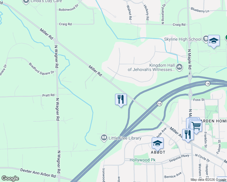 map of restaurants, bars, coffee shops, grocery stores, and more near 3071 Miller Road in Ann Arbor