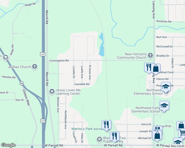 map of restaurants, bars, coffee shops, grocery stores, and more near 3731 Saint Anne Avenue in Jackson