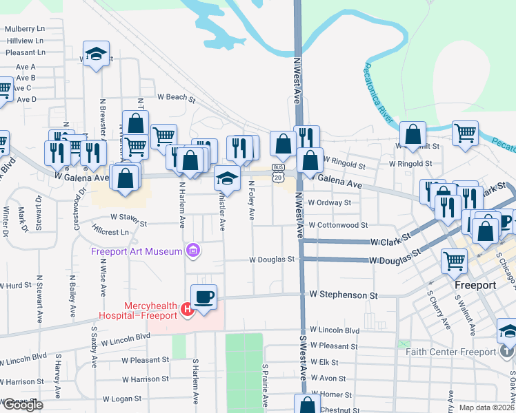map of restaurants, bars, coffee shops, grocery stores, and more near 424 North Trunck Avenue in Freeport