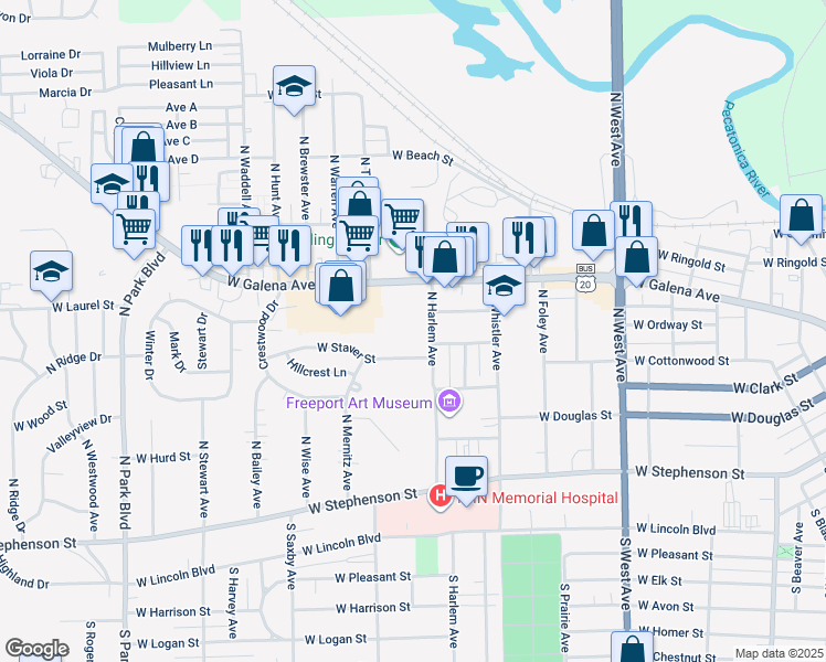 map of restaurants, bars, coffee shops, grocery stores, and more near 306 North Harlem Avenue in Freeport