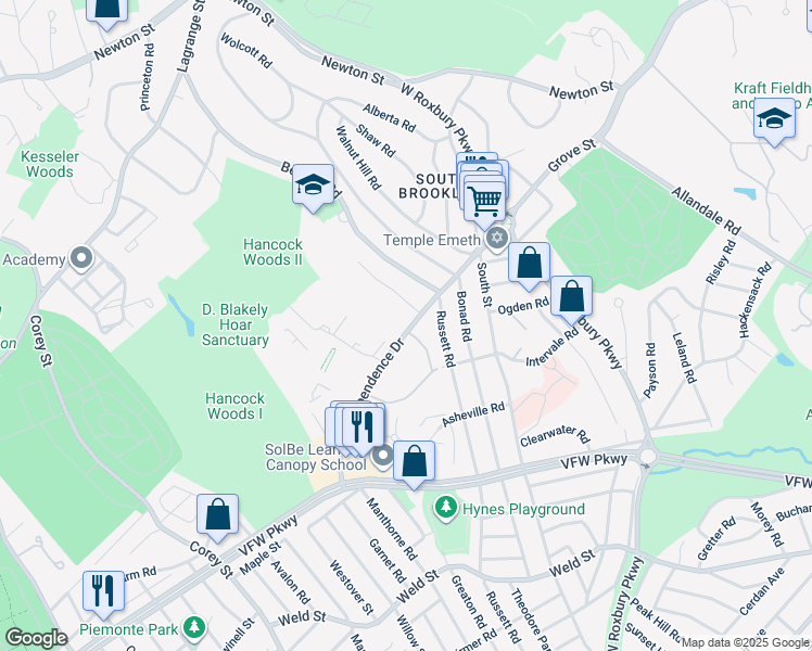 map of restaurants, bars, coffee shops, grocery stores, and more near 37 Independence Drive in Brookline