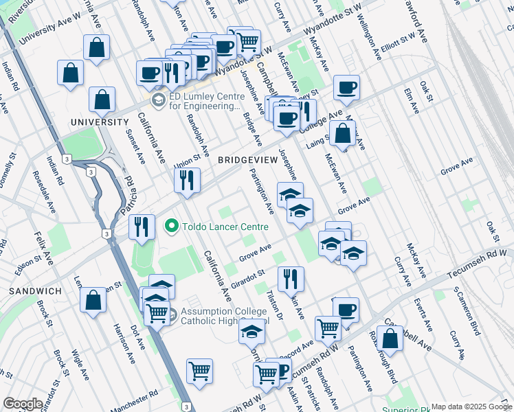 map of restaurants, bars, coffee shops, grocery stores, and more near 976 Rankin Avenue in Windsor