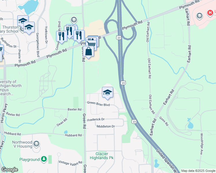 map of restaurants, bars, coffee shops, grocery stores, and more near 3550 Green Court in Ann Arbor
