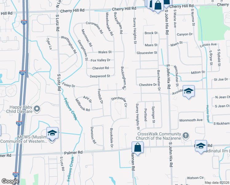 map of restaurants, bars, coffee shops, grocery stores, and more near 39558 Dorchester Circle in Canton