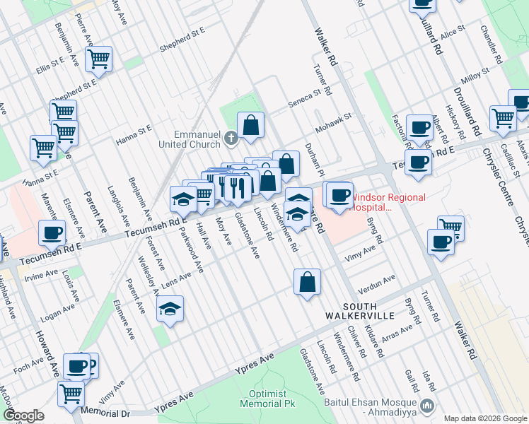 map of restaurants, bars, coffee shops, grocery stores, and more near in Windsor