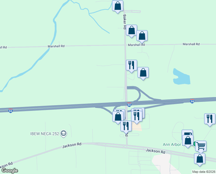 map of restaurants, bars, coffee shops, grocery stores, and more near 621 Baker Road in Dexter
