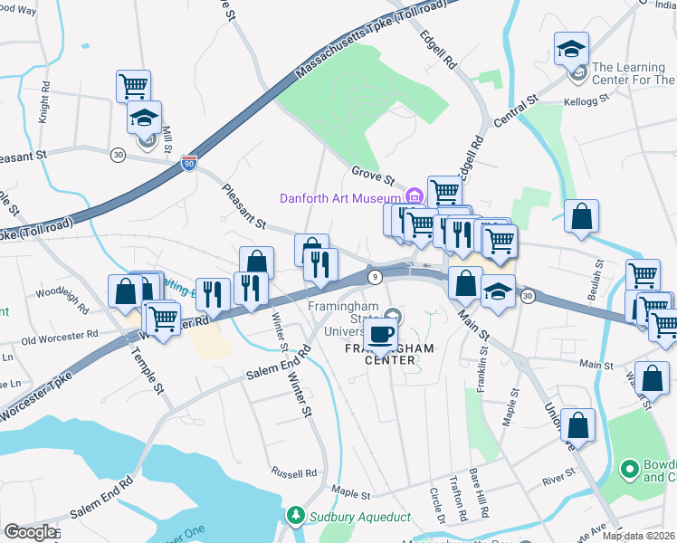map of restaurants, bars, coffee shops, grocery stores, and more near 1013 Worcester Road in Framingham