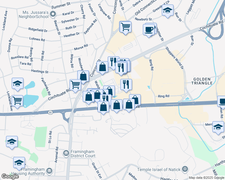map of restaurants, bars, coffee shops, grocery stores, and more near 10 Greenview Street in Framingham