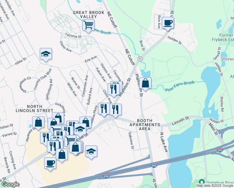 map of restaurants, bars, coffee shops, grocery stores, and more near 20 Boylston Street in Worcester