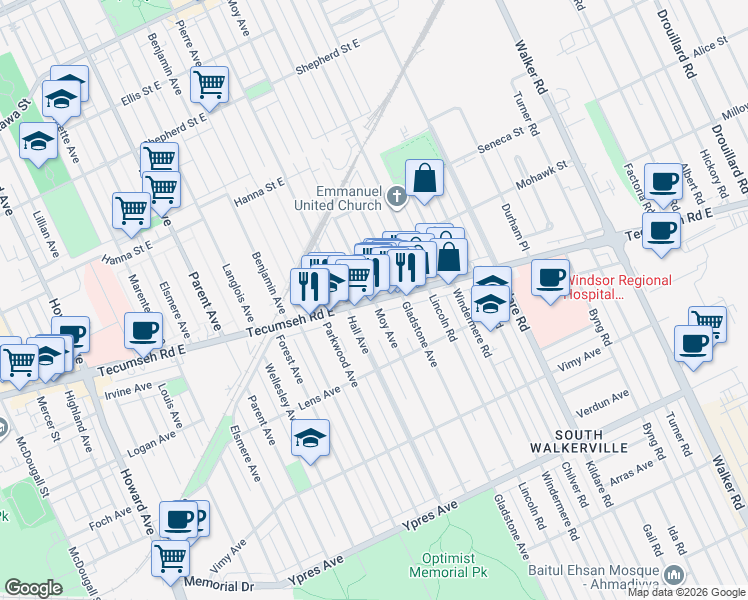 map of restaurants, bars, coffee shops, grocery stores, and more near Tecumseh Road East & Moy Avenue in Windsor