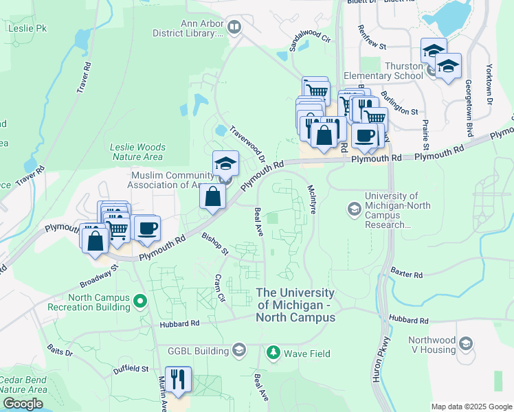 map of restaurants, bars, coffee shops, grocery stores, and more near 1825 Beal Avenue in Ann Arbor