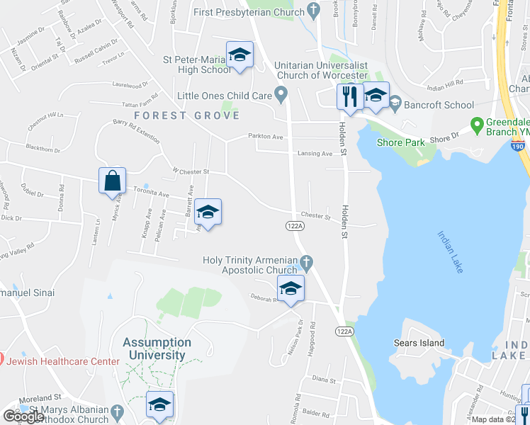 map of restaurants, bars, coffee shops, grocery stores, and more near 31 Chester Street in Worcester