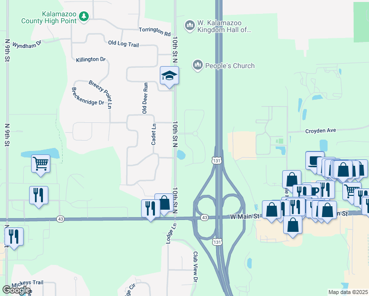 map of restaurants, bars, coffee shops, grocery stores, and more near 1253 South Village Circle in Kalamazoo