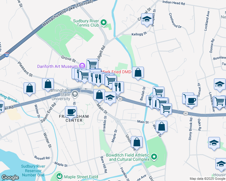 map of restaurants, bars, coffee shops, grocery stores, and more near 10 Auburn Street in Framingham