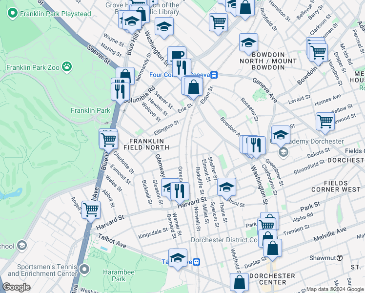 map of restaurants, bars, coffee shops, grocery stores, and more near 185 Washington Street in Boston