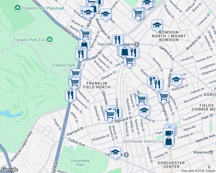 map of restaurants, bars, coffee shops, grocery stores, and more near 27 Harlem Street in Boston