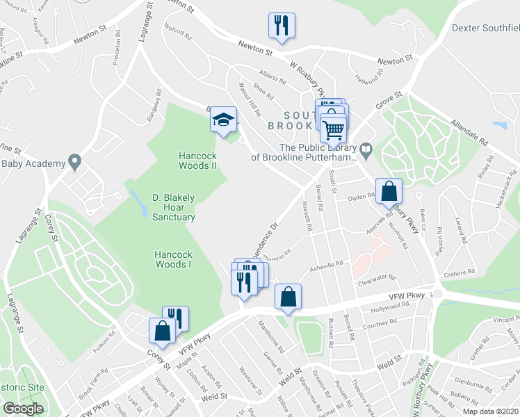 map of restaurants, bars, coffee shops, grocery stores, and more near 54 Gerry Road in Brookline