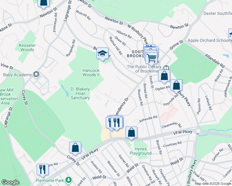 map of restaurants, bars, coffee shops, grocery stores, and more near 54 Gerry Road in Brookline