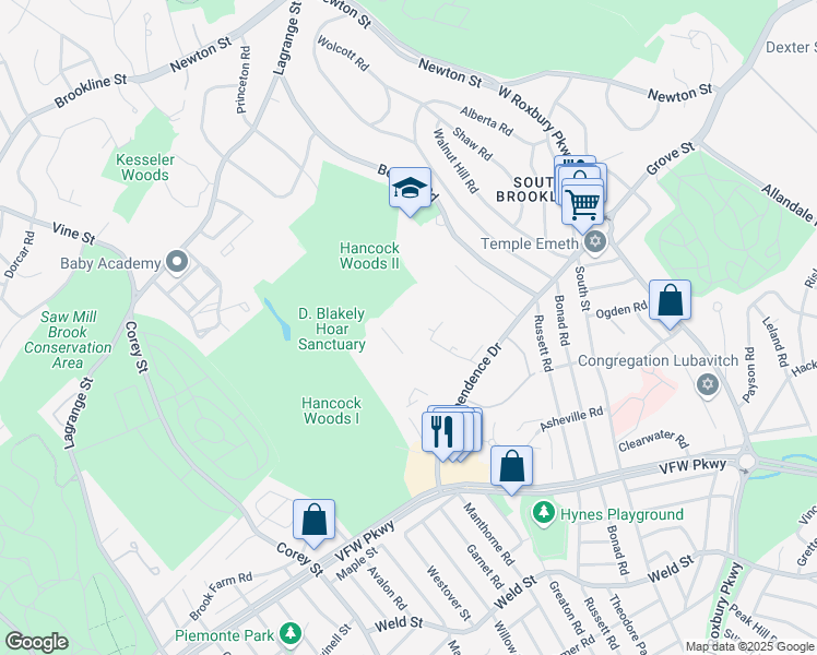 map of restaurants, bars, coffee shops, grocery stores, and more near 53 Gerry Road in Brookline
