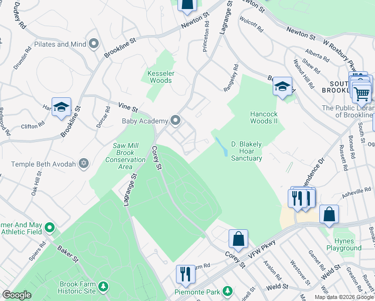 map of restaurants, bars, coffee shops, grocery stores, and more near 33 Westgate Road in Boston