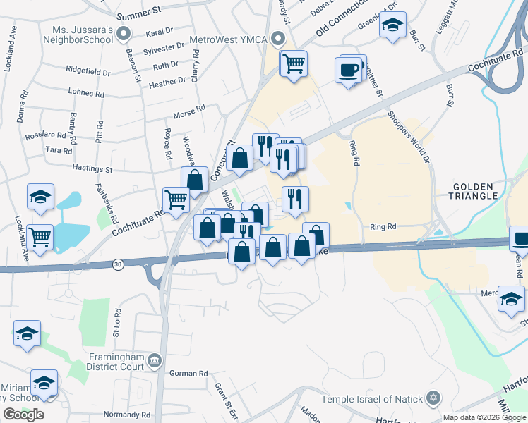 map of restaurants, bars, coffee shops, grocery stores, and more near 10 Greenview Street in Framingham