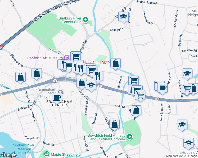 map of restaurants, bars, coffee shops, grocery stores, and more near 10 Auburn Street in Framingham