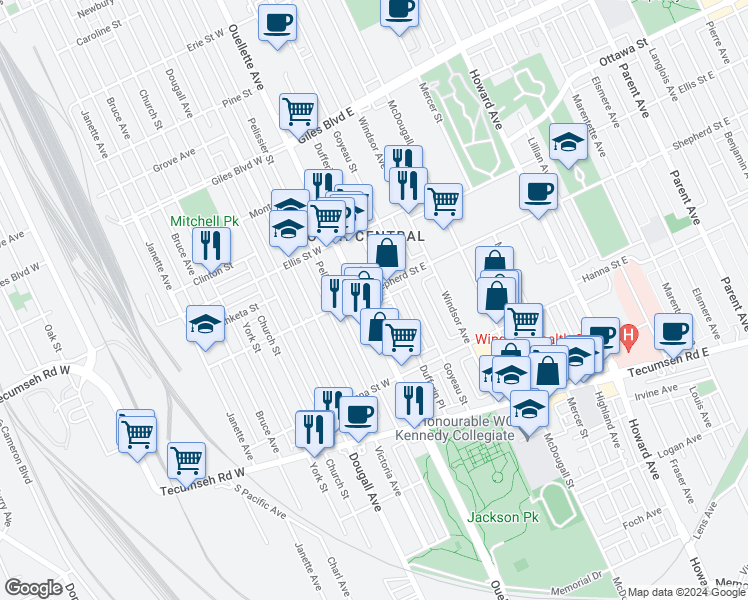 map of restaurants, bars, coffee shops, grocery stores, and more near 1515 British Columbia 3B in Windsor