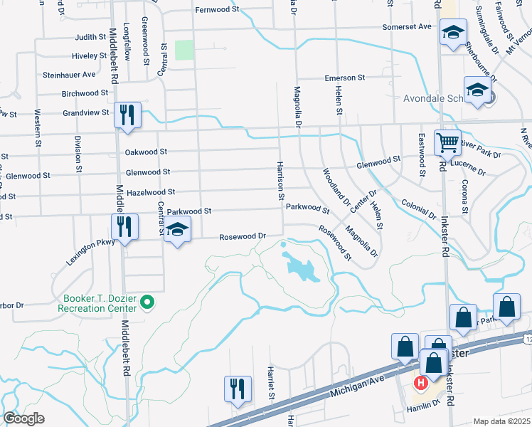 map of restaurants, bars, coffee shops, grocery stores, and more near 28455 Parkwood Street in Inkster