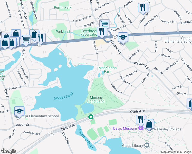 map of restaurants, bars, coffee shops, grocery stores, and more near 64 Russell Road in Wellesley