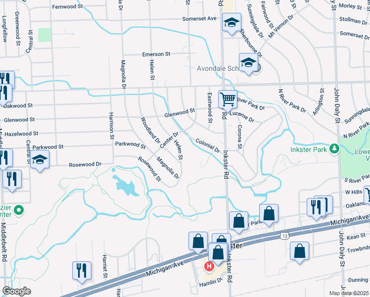 map of restaurants, bars, coffee shops, grocery stores, and more near 1508 Helen Street in Inkster