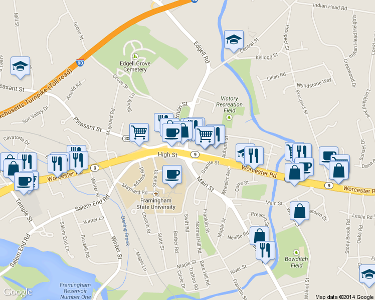 map of restaurants, bars, coffee shops, grocery stores, and more near 5 Main Street in Framingham