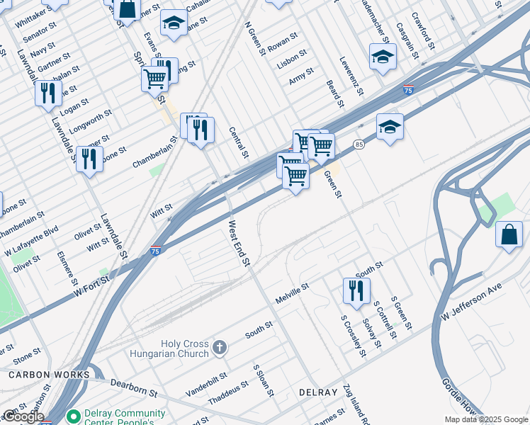 map of restaurants, bars, coffee shops, grocery stores, and more near in Detroit