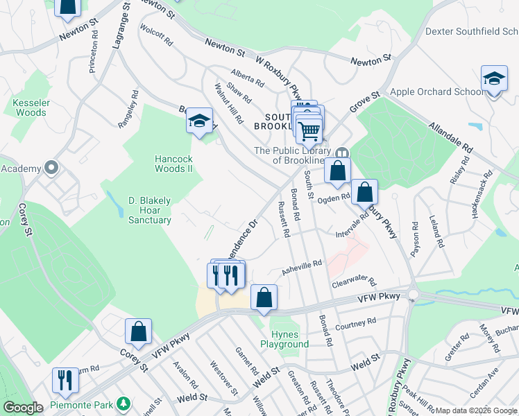 map of restaurants, bars, coffee shops, grocery stores, and more near in Brookline