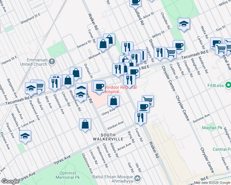 map of restaurants, bars, coffee shops, grocery stores, and more near 2258 Byng Road in Windsor