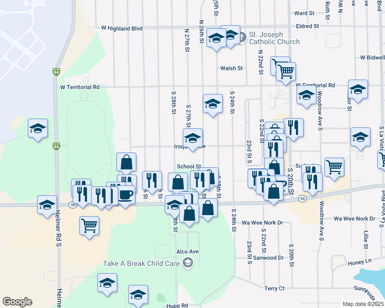 map of restaurants, bars, coffee shops, grocery stores, and more near 1675 Iroquois Avenue in Battle Creek