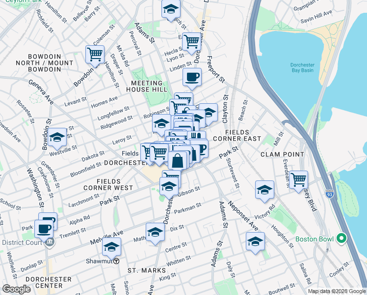 map of restaurants, bars, coffee shops, grocery stores, and more near 1474 Dorchester Avenue in Boston