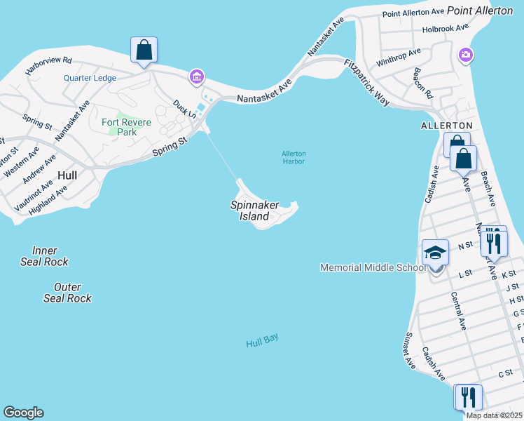 map of restaurants, bars, coffee shops, grocery stores, and more near 22 Marina Drive in Hull